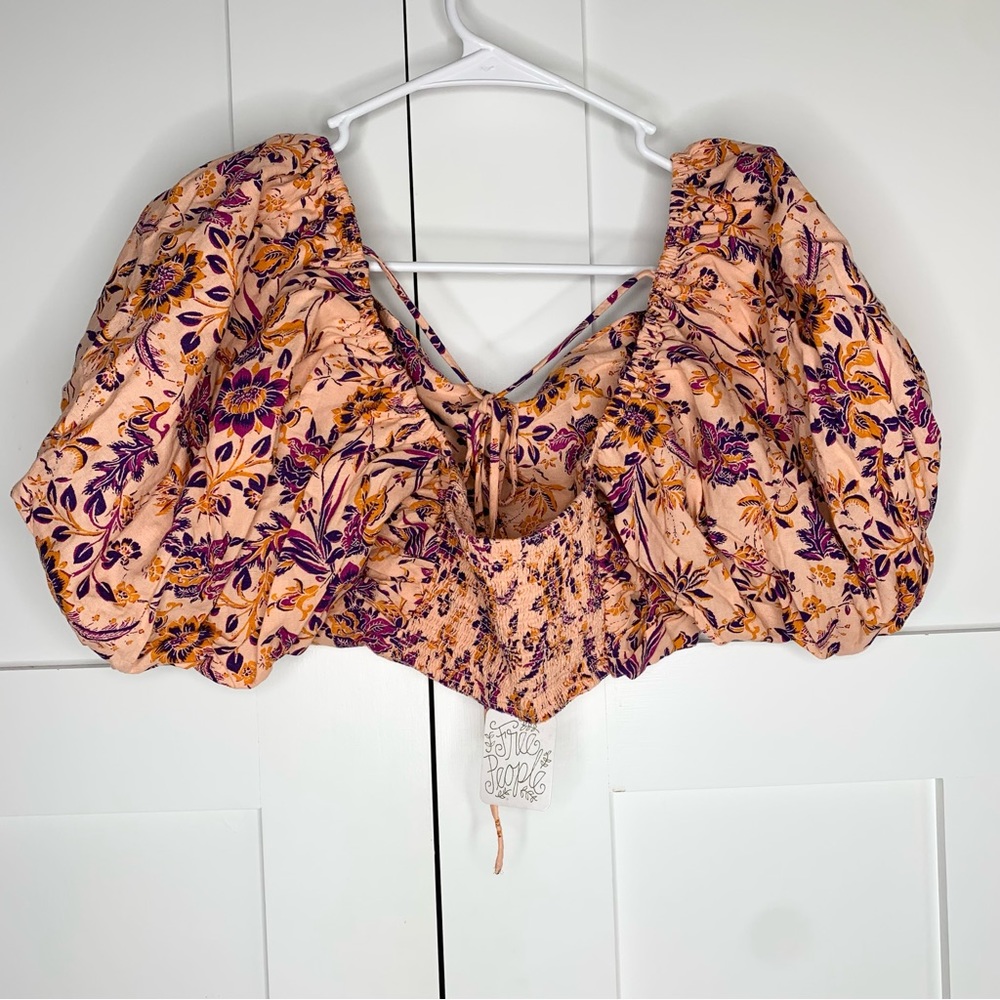 Free People Linen Balloon Sleeve Long Crop Top Peach